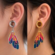 2pcs Hypoallergenic Color Enamel Butterfly Wing Dangle Ear Gauges Plugs, Stainless Steel Hollow Ear Tunnel Stretchers, Expander Piercing Jewelry - Round - View 2