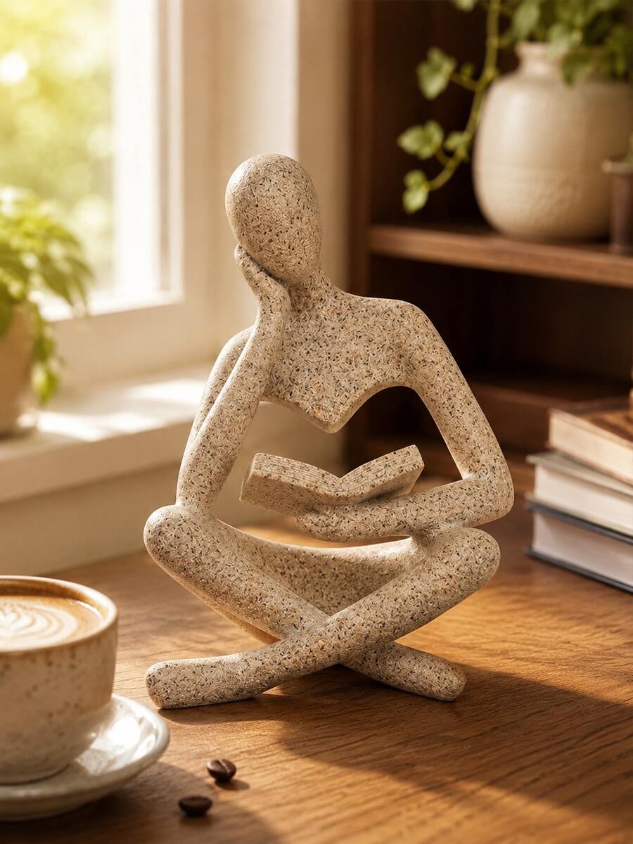 1pc Abstract Reading Figurine, Minimalist Book Lover Desktop Decor, Cream Style Bookshelf Ornament, Modern Home Office Sculpture, Cozy Bedroom Tabletop Decoration, Bookshelf Accessory, Aesthetic Room Decor, Teacher Student Gift, Housewarming Gift - A - View 1