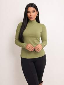 Basic Polyamide Blouse, Long Sleeves With Thumb Loops, High Neck. Second Skin, Plus Size/Slim. - 橄欖綠 - 查看 9