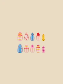 30pcs Pink Striped Polka Dot Star Fake Nails, Summer Nail Art Supplies, Square Nail, Y2K Style Nail Art, Almond Nail - Watermelon Pink - View 4