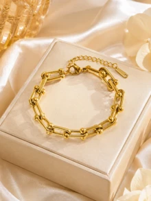 OBOVAY Fashion Casual Round Bead Decor Gold Geometric Chain Necklace, Suitable For Women's Daily Layering Wear - Multicolor - View 11