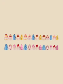 30pcs Pink Striped Polka Dot Star Fake Nails, Summer Nail Art Supplies, Square Nail, Y2K Style Nail Art, Almond Nail - Watermelon Pink - View 3