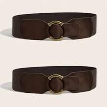 1pc Women's Basic Vintage Square Buckle Coffee Suede Elastic Waist Belt Suitable For Dresses - Coffee - View 7