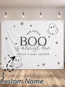 Customized Halloween Baby Shower Backdrop - Personalized "Our Little Ghost Is Coming Soon" Ghost Banner, Cute Autumn Gender Reveal Party Photo Background - Multicolor - View 1