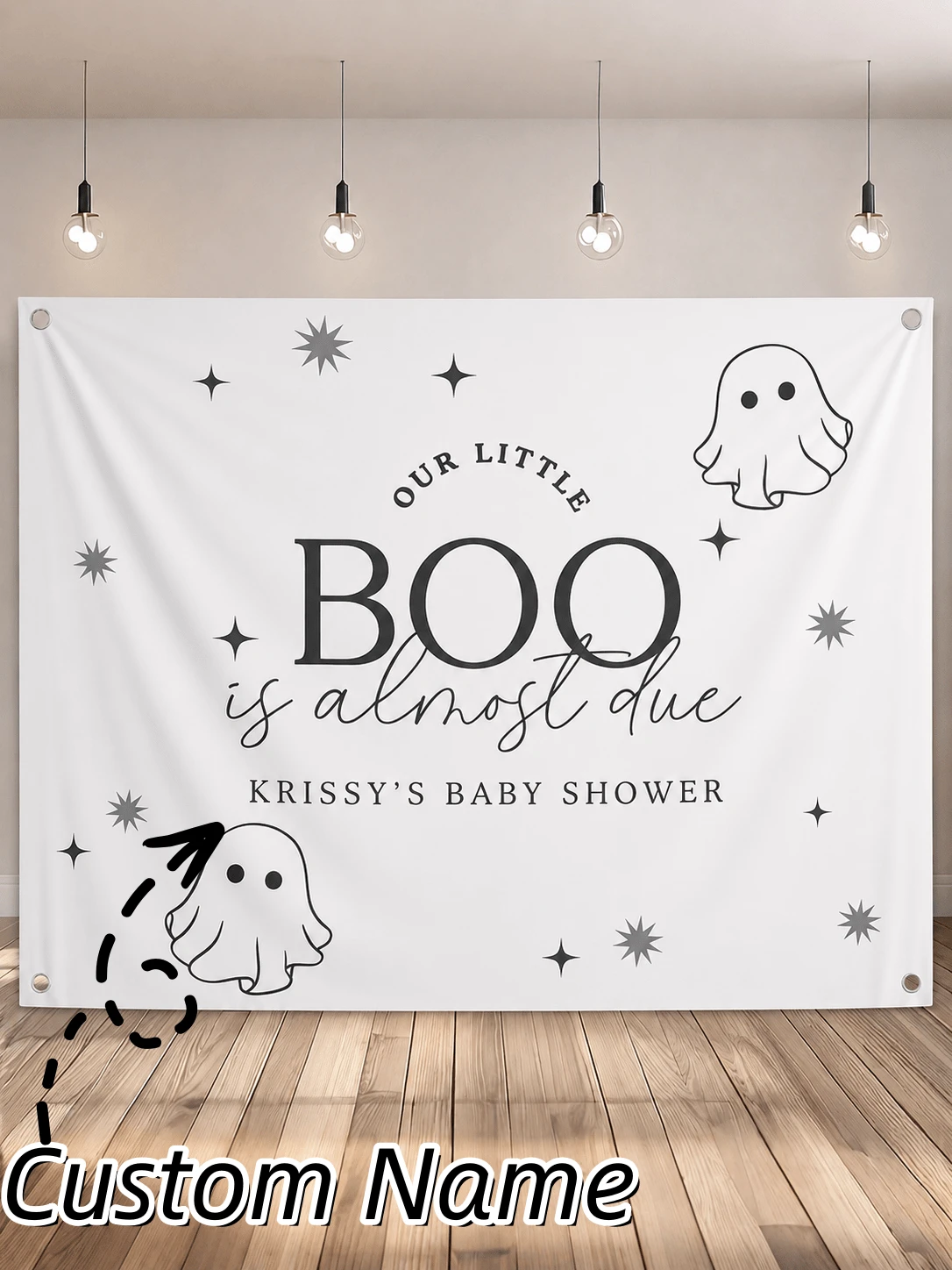 Customized Halloween Baby Shower Backdrop - Personalized "Our Little Ghost Is Coming Soon" Ghost Banner, Cute Autumn Gender Reveal Party Photo Background - Multicolor - View 1