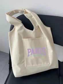 大容量時尚簡約印花帆布包「PARIS 1789」印花圖案，送給家人與朋友的完美禮物 - 米色 - 查看 4