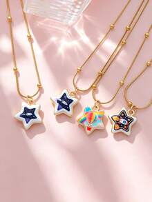 1pc Stainless Steel Chain Star Pendant Necklace, Sun Moon Star Oil Drop Exquisite Pendant Necklace, Flower Pattern Charm, Women's Fashion Jewelry, Vacation Accessory - Multicolor - View 6