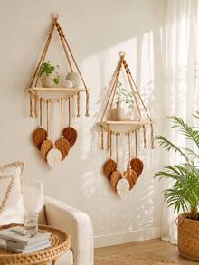 1pc Wall Shelf Bohemian Style Woven Hemp Rope Leaf Tassel Wall Shelf Wall Storage Rack Handmade Hemp Rope Wall-Mounted Shelf Succulent Aromatherapy Hanging Flower Pot Holder Entryway Jewelry And Key Display Rack For Living Room Bedroom Study Decors - Multicolor - View 6