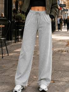 Women's Drawstring Elastic Waist Wide Leg Sweatpants, Soft Autumn Casual Sports Long Pants With Side Pockets - Light Grey - View 3