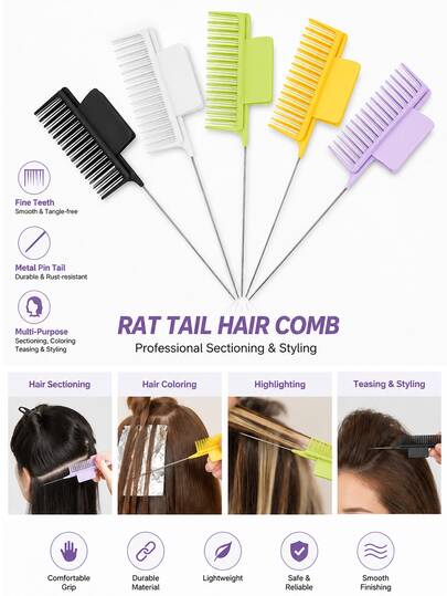 1pc Rat Tail Hair Comb With Metal Pin Handle, Fine Tooth Teasing & Sectioning Comb For Hair Coloring, Highlighting & Styling