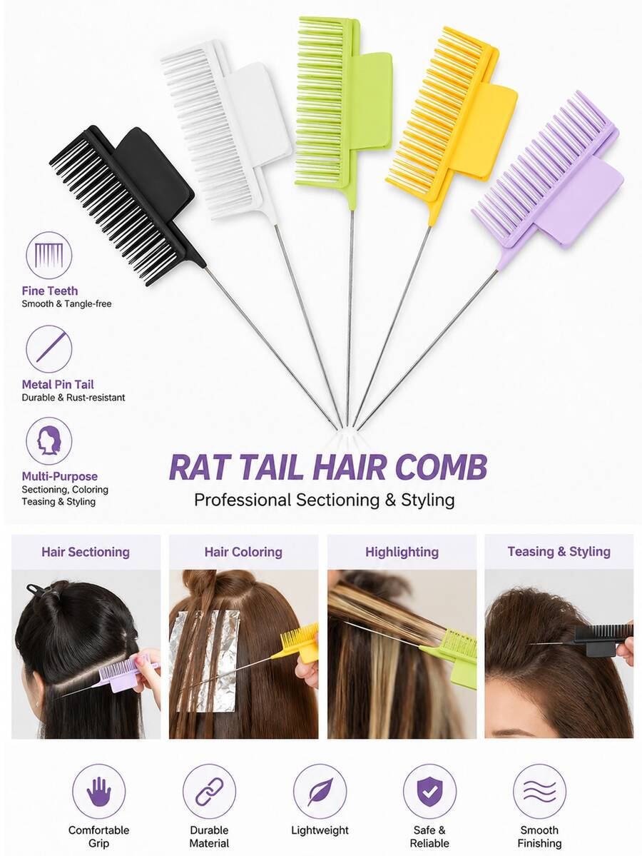 1pc Rat Tail Hair Comb With Metal Pin Handle, Fine Tooth Teasing & Sectioning Comb For Hair Coloring, Highlighting & Styling - Multicolor - View 1