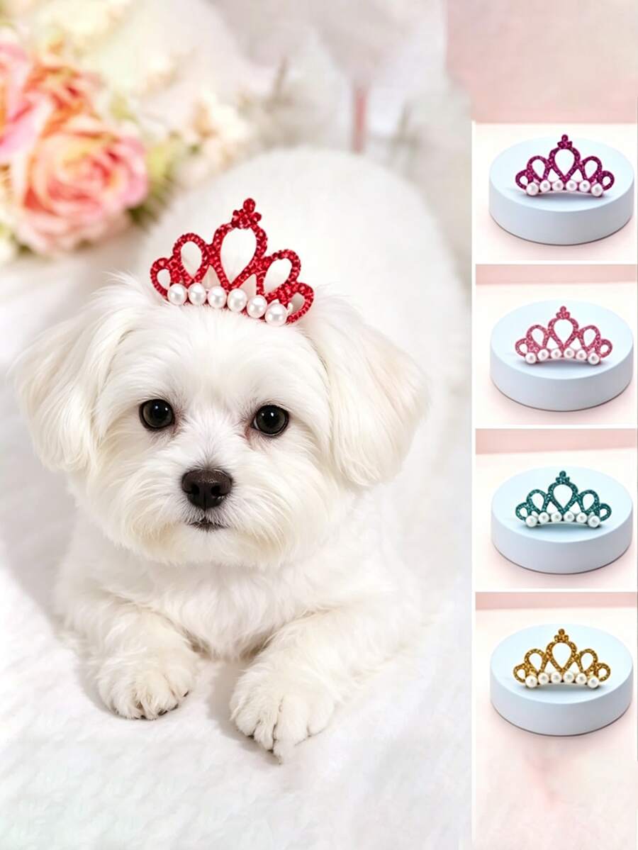 1/5/10pcs Faux Pearl Crown Pet Hair Clips - Fashionable Crown-Shaped Bows Suitable For Dogs And Cats - Grooming Supplies And Accessories - Multicolor - View 1