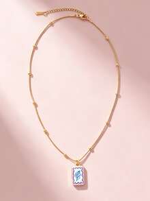 1 pieza Collar con colgante de concha de cadena de acero inoxidable, colgante exquisito de gota de aceite estilo oceánico, accesorio de joyería de moda para mujer, adorno de vacaciones - Multicolor - Ver 7