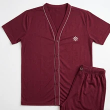 Men's Button-Down Post-Surgical Pajamas, Short Sleeves, Senior Style, High-Quality Knit Fabric - Burgundy - View 3