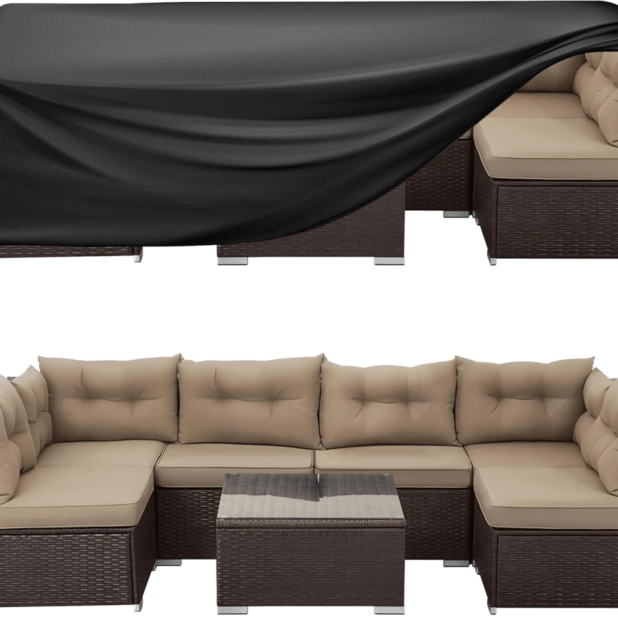 Funda protectora para muebles de patio de tela Oxford 210D de varios tamaños, impermeable, resistente al viento, resistente a los rayos UV, resistente a la nieve, resistente al polvo con diseño de cordón, funda protectora para mesa, silla, sofá de jardín exterior, adecuada para césped, patio trasero, balcón - Negro - Ver 1