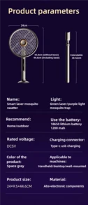 6合1可充電旋轉頭電動拍蚊拍，附伸縮桿，電動蚊拍，室內害蟲防治滅蠅器，驅蠅裝置，驅蚊裝置，1200mAh - 彩色 - 查看 12