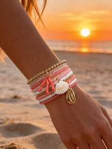 3pcs Fashion Sexy Delicate Elegant Branch Shell Pendant Bracelet Woven Rice Bead ABS Faux Pearl Beaded Stackable Bracelet Set Suitable For Women Daily Wear And Holiday Travel - Multicolor - View 1