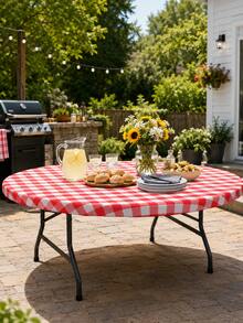 1pc BBQ Party Tablecloth, Red And White Checkered Tablecloth, Suitable For Backyard BBQ, BBQ Party, Summer Picnic, Patio Table, Camping Trip And Outdoor Activities, Elastic Fitted Table Cover - Multicolor - View 2