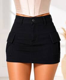 Graphite And Blue Cargo Denim Skirt With Side Pockets - Negro - Ver 8