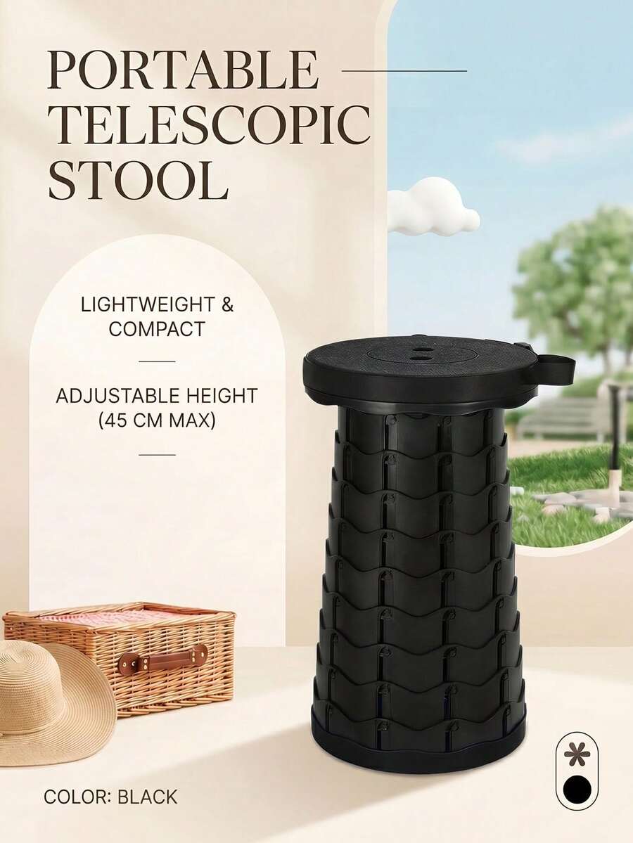 1 Portable Telescopic Folding Stool, Height Adjustable, Suitable For Outdoor Camping, Queuing, Fishing, Thickened And Heavy-Duty, Travel-Friendly, Non-Slip Storage Stool - All Black (individual Color Box Packaging) - View 1