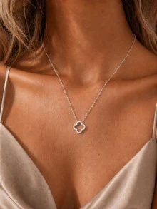 1pc Sterling Silver Four-Leaf Clover Hollow Zirconia Inlay Pendant Necklace, Delicate Minimalist Design, Versatile Choker Necklace, Refreshing For All Seasons Valentines - Necklace - View 7