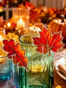 1pc/6pcs Autumn Maple Leaf & Oak Leaf Acrylic Drink Cup Tags, Thanksgiving Cup Identification Charms, Farmhouse Harvest Table Decor, Reusable Cup Labels, Halloween Holiday Dinner Tabletop Decorations, Vintage Leaf Party Table Decor Gifts - Multicolor - View 7