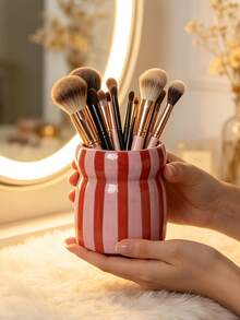 1pc INS Style Hand-Painted Dual-Color Striped Ceramic Storage Tube, Makeup Organizer, Makeup Brush Holder, Eyebrow Pencil Eyeliner Lipstick Storage, Desktop Decor Ornament, Holiday Gift For Family And Friends - Multicolor - View 8