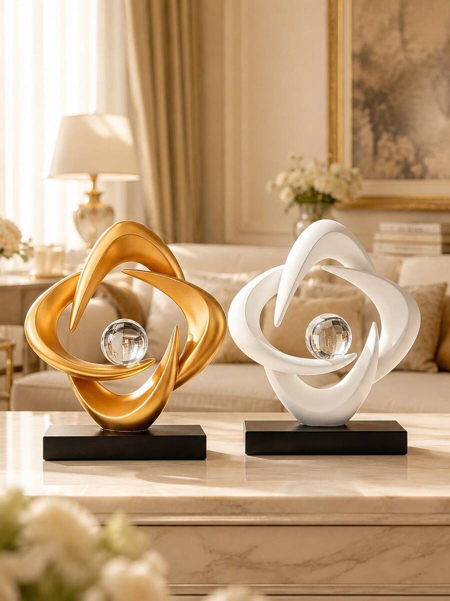 Modern Abstract Sculpture Decor, Gold White Tabletop Statue, Crystal Ball Decorative Figurine, Luxury Shelf Decor, Living Room Office Desk Ornament, Entryway Home Decoration Gift - 1pc - View 1