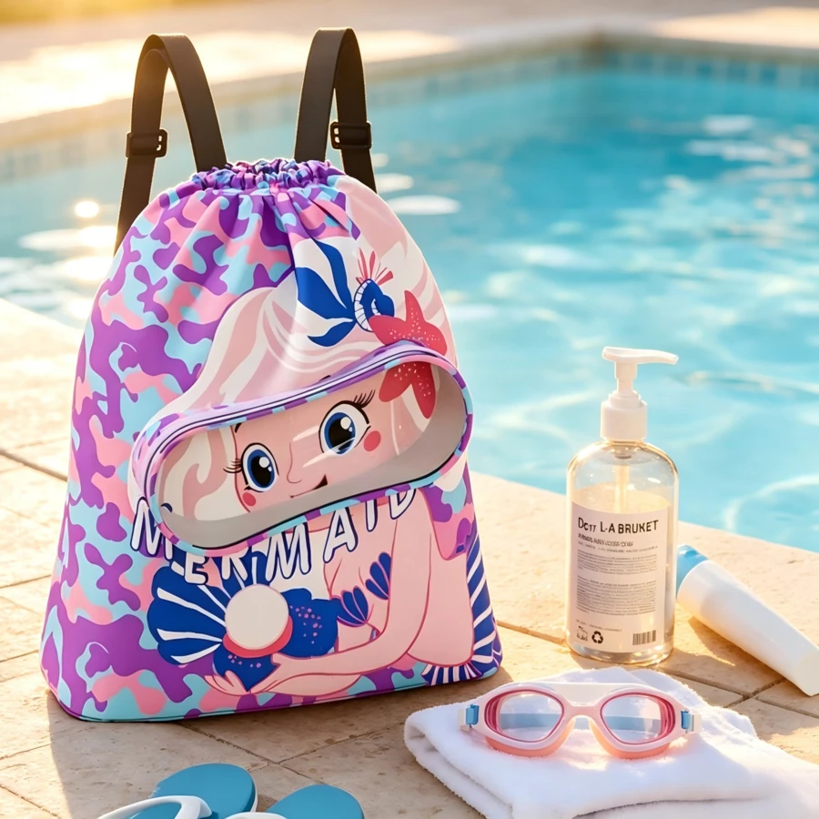 1pc Cartoon Print Swimming Bag, Dry & Wet Separation Waterproof Backpack, Swimming Storage Bag, Beach Storage Drawstring Toiletry Bag - Multicolor - View 1