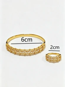 Set Gelang dan Cincin Manset Tertutup dengan Sekat Batang Vertikal Kokoh dan Hiasan Berlian Imitasi Penuh, Desain Batang Vertikal Seragam dengan Berlian Imitasi Berkilau yang Terpasang Padat, Set Perhiasan Elegan yang Dapat Ditumpuk - Gaya sosialita mewah - View 2