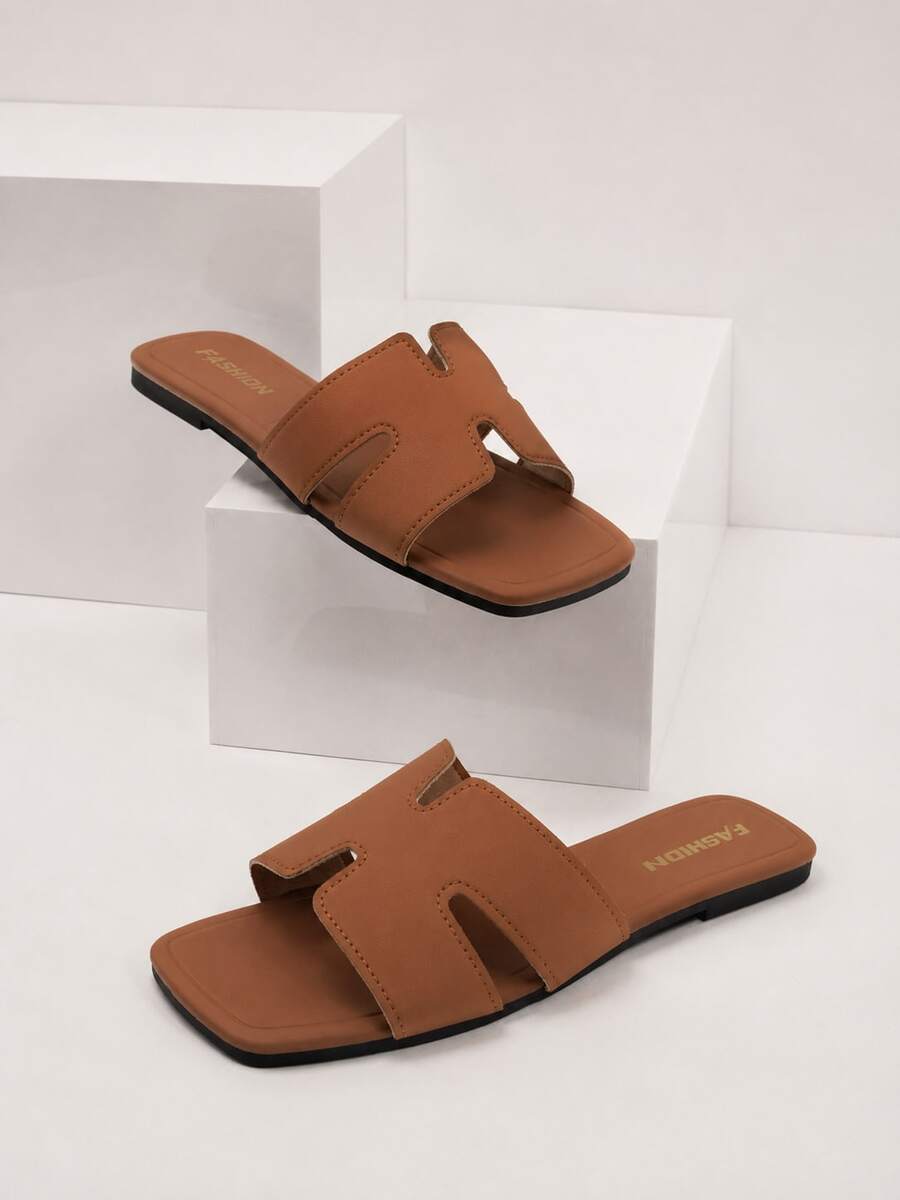 MICCOM 2026 Women's Summer New Square Toe Flat Plus Size Sandals Casual Fashion Vacation Beach Shoes Square Toe Black Slide Sandals - Brown - View 1