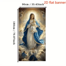 2D Flag - Religious Theme Banner Background, Featuring The Image Of The Virgin Mary Holding The Baby Jesus, Along With Elements Of Angels, Auspicious Clouds And Believers. Made Of Polyester Fabric, It Does Not Require Power Supply. - 1 - View 5
