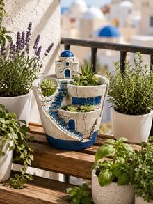 Blue & White Santorini House Staircase Design Resin Multi-Compartment Cracked Surface Succulent Cactus Planter, Indoor Desktop Windowsill Home Gardening Floral Container - Dome Castle Flower Pot - View 3