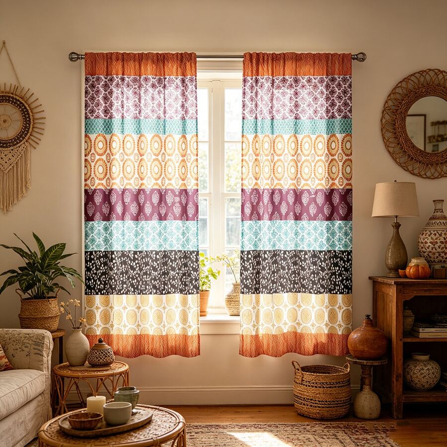 2 piezas Cortinas de patchwork bohemio, patrón de mandala vintage con bolsillo para barra, impresión digital de moda, adecuadas para sala de estar, dormitorio y oficina, decoración del hogar colorida - Accesorios de decoración interior, versión plana 2D, sin lazos - Multicolor - Ver 1