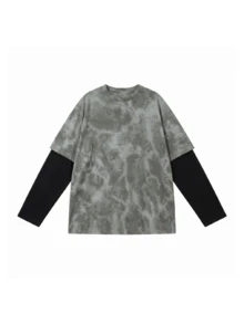JUTU Spring/Autumn Loose Round Neck 2 In 1 Long Sleeve Tie-Dye Print Women's T-Shirt, For Outing And Commuting Casual - Ash and Black - View 8