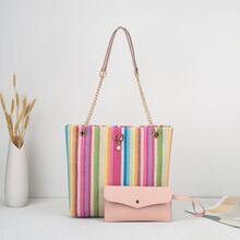 Bolso bandolera tejido arcoíris dulce y fresco 2026 nueva moda estilo japonés con colgante de perla cabeza de gato bolso de hombro - Multicolor - Ver 8