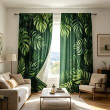 2pcs/Set, Multicolor, Tropical Leaf And Monstera Pattern, Vibrant Botanical Style Printed Curtains, 100% Polyester Fabric, Rod Pocket Design 2 Panels, Unlined, 180gsm, 180cm Wide, Ideal For Bedroom, Living Room And Coastal Themed Spaces - Multicolor - View 7