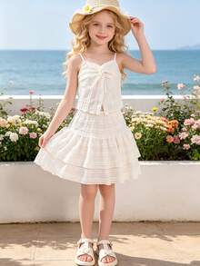 Left Mama Tween Girls' Sweet Versatile White Camisole Top And Ruffled Skirt Set, Suitable For Beach, Vacation And Travel In Summer - White - View 1