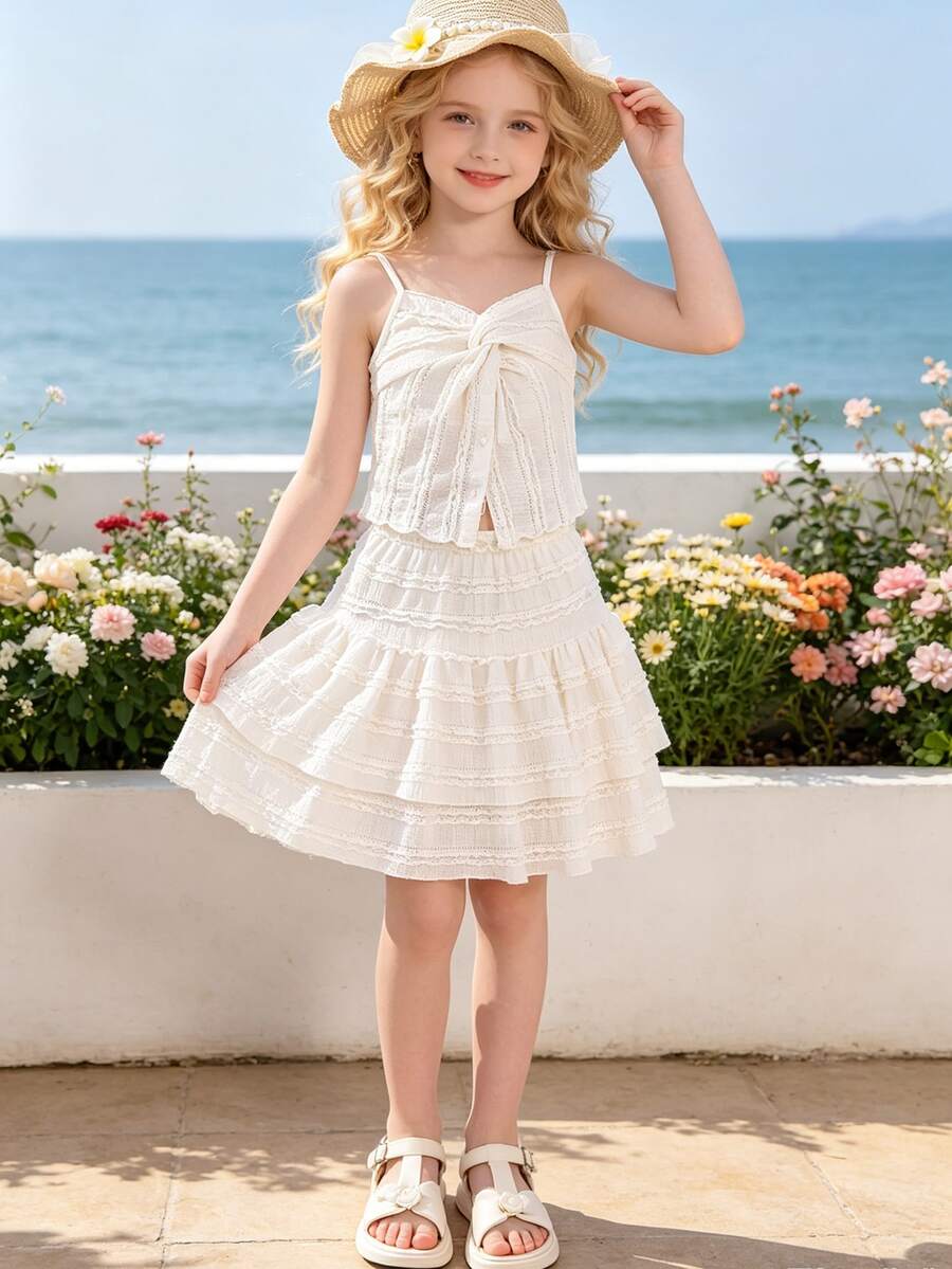 Left Mama Tween Girls' Sweet Versatile White Camisole Top And Ruffled Skirt Set, Suitable For Beach, Vacation And Travel In Summer - White - View 1