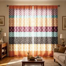 2 piezas Cortinas de patchwork bohemio, patrón de mandala vintage con bolsillo para barra, impresión digital de moda, adecuadas para sala de estar, dormitorio y oficina, decoración del hogar colorida - Accesorios de decoración interior, versión plana 2D, sin lazos - Multicolor - Ver 2
