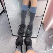 3雙雙色對比色膝下襪，灰色對比羅紋襪口中筒襪，極簡學院風休閒女款配套襪 - 彩色 - 查看 2