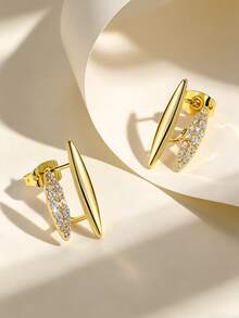 Charm-In 18K Gold Plated Brass Double Oval Stud Earrings With CZ Rhinestone Back Drop Geometric Earrings, Women's Daily Jewelry - Gold 2 - View 5