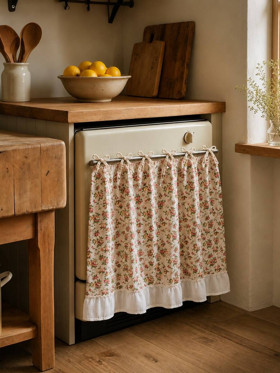 Floral Oven Door Curtain With Ruffle Trim, Farmhouse Tie-On Stove Handle Cover, Decorative Kitchen Oven Dust Curtain For Home Decor,30 X 21.3 Inches - Multicolor - View 1