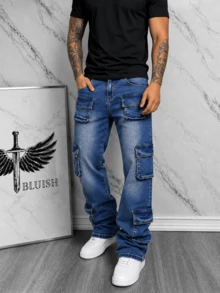 American Street Clean Fit Retro Washed Blue Casual Denim Jeans Men Slim Fit Flared Leg Slimming Long Pants - Blue - View 5