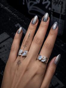 4pcs/2pcs Set Couple Geometric Zirconia Rings, Square & Asymmetric Combination Sparkling Personalized, Couple Hip-Hop Street Style Stackable Rings, Suitable For Back To School Season, Couple Outfits, Anniversary And Holiday Jewelry - Women's Open Ring Two-piece Set - View 3