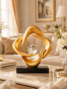 Modern Abstract Sculpture Decor, Gold White Tabletop Statue, Crystal Ball Decorative Figurine, Luxury Shelf Decor, Living Room Office Desk Ornament, Entryway Home Decoration Gift - 1pc - View 2