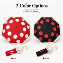 1pc Aesthetic Ruffle Edge Umbrella Polka Dot Fashion Compact Folding Umbrella Lightweight Windproof UV Rain Umbrella Cute Gift For Women Girls Daily Use Travel Must Have - Polka Dot Lace Umbrella - View 4