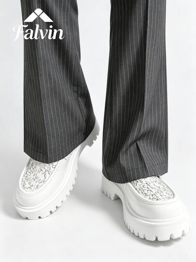 Men's Loafers, Height-Increasing Thick Sole Loafers, Fashion Formal Shoes With Gold Bamboo Leaf Decoration And Penny Strap, Business Casual Shoes, White Fashion Formal Men's Leather Shoes