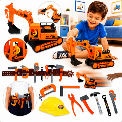 SPI Kit 10 Peças Construção Infantil Escavadeira Trator Rodas Livres Ferramentas Alicate Martelo Capacete