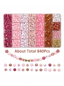 300/840pcs Pink, Red, White Multi-Color Golden Letter Beads And Heart-Shaped Acrylic Beads Combination Set - Jewelry Making Kit - Suitable For Jewelry Making DIY, Handmade Bracelets, Necklaces Craft Supplies - Pink - View 3